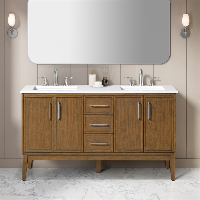 Kira 60 in. Warm Walnut Bathroom Vanity with White Engineered Stone Top