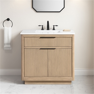 OVE Xander 36 in. Sahara Birch Bathroom Vanity with White Engineered Stone Top