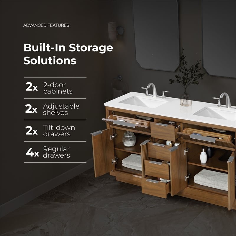 Xander 60 in. Warm Walnut Bathroom Vanity with White Engineered Stone Top
