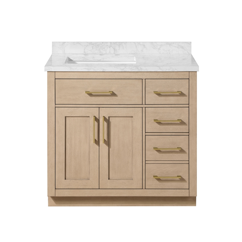 Athea 36 in. Sahara Birch Vanity with Top and Brushed Gold Hardware