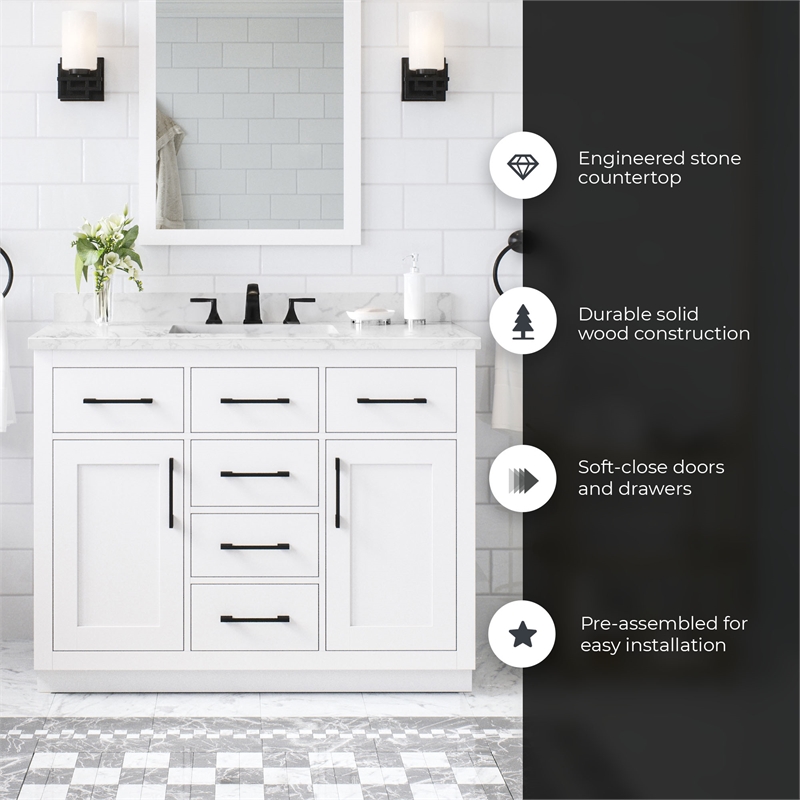 Athea 42 in. White Vanity with Top and Matte Black Hardware