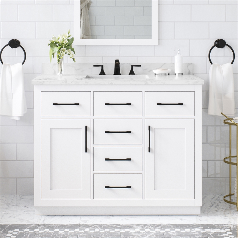 Athea 42 in. White Vanity with Top and Matte Black Hardware