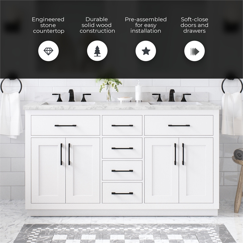 Athea 60 in. White Vanity with Top and Matte Black Hardware