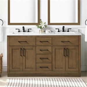 OVE Athea 60 in. Almond Latte Bathroom Vanity with White Top and Black Hardware