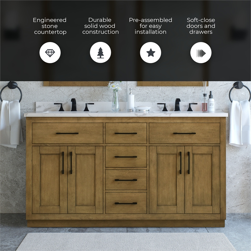 Athea 60 in. Almond Latte Vanity with Top and Matte Black Hardware