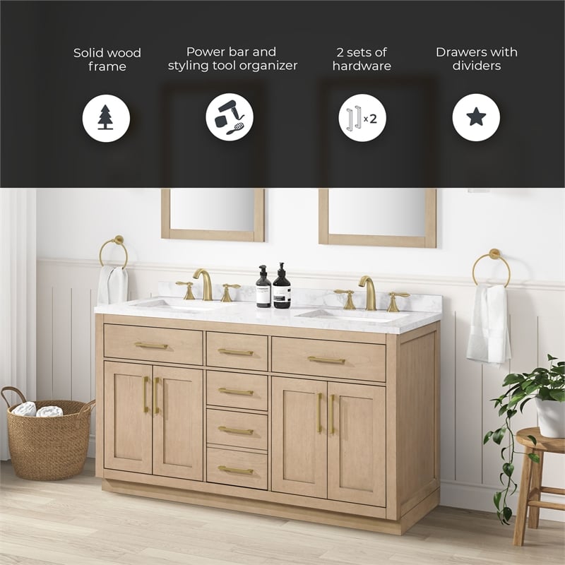 Athea 60 in. Sahara Birch Vanity with Top and Brushed Gold Hardware