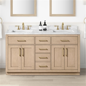 OVE Athea 60 in. Sahara Birch Bathroom Vanity with White Top and Gold Hardware