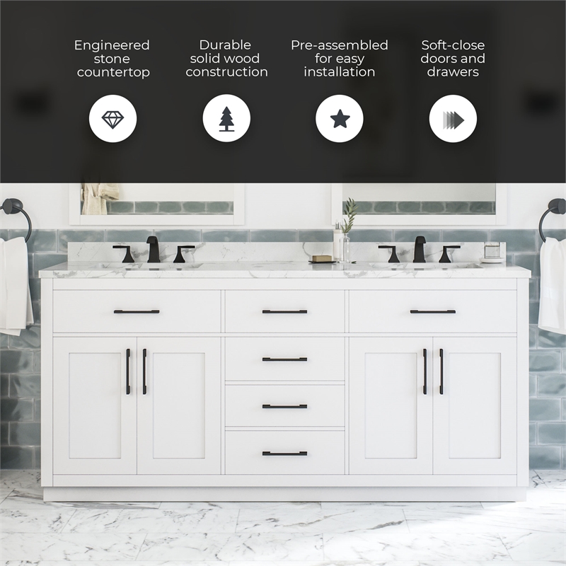 Athea 72 in. White Vanity with Top and Matte Black Hardware
