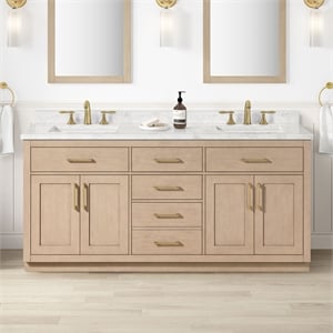 OVE Athea 72 in. Sahara Birch Bathroom Vanity with White Top Gold Hardware