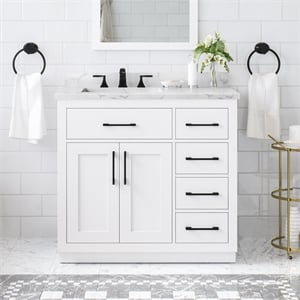 OVE Athea 36 in. White Bathroom Vanity with White Top and Black Hardware