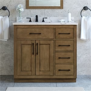 OVE Athea 36 in. Almond Latte Bathroom Vanity with White Top and Black Hardware