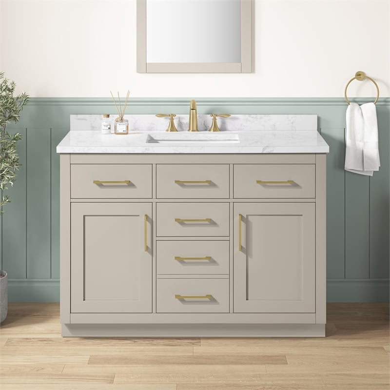Athea 48 in. Greige Vanity with Top and Brushed Gold Hardware