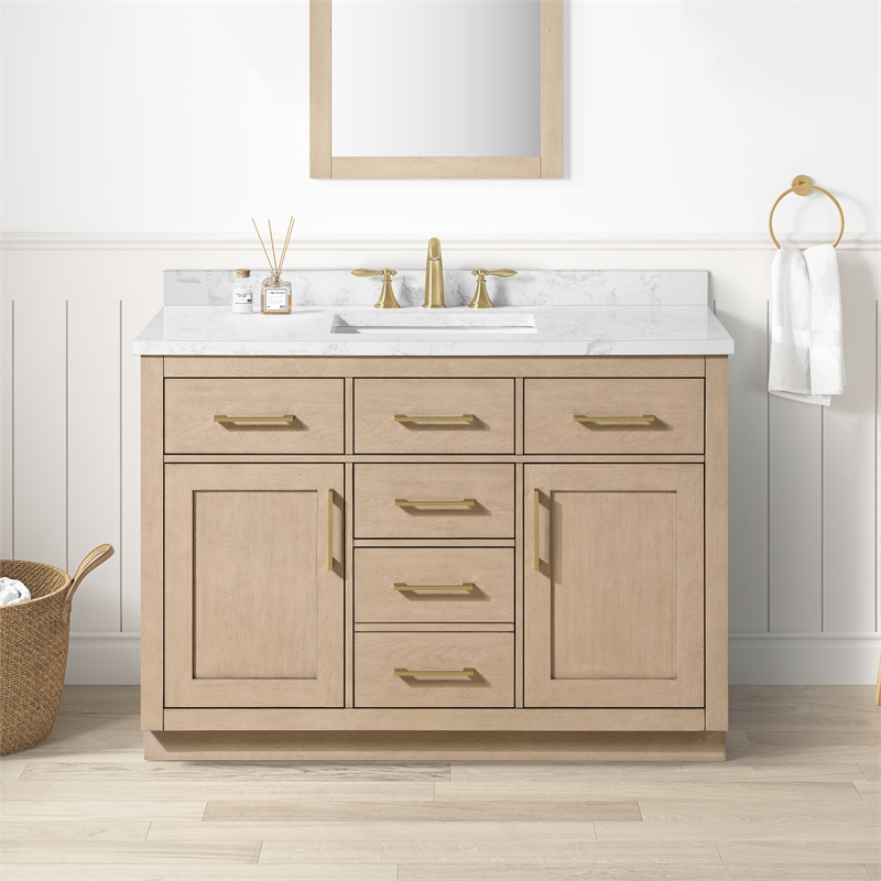 Athea 48 in. Sahara Birch Vanity with Top and Brushed Gold Hardware