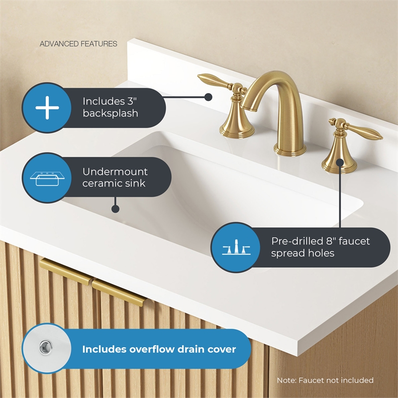 Gabi 30 in. Rustic Ash Bathroom Vanity with White Engineered Stone Top