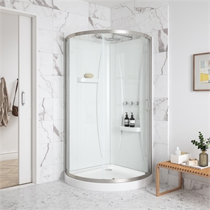 Breeze 33&quot Round Corner Shower Kit Satin Nickel Clear Sliding Door Acrylic Base