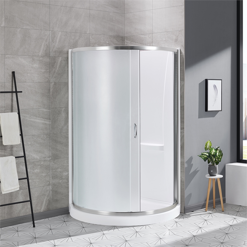 Breeze 40 in Round Corner Shower Kit Satin Nickel Frosted Sliding Door Base