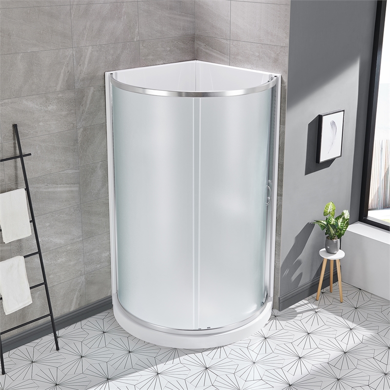 Breeze 40 in Round Corner Shower Kit Satin Nickel Frosted Sliding Door Base