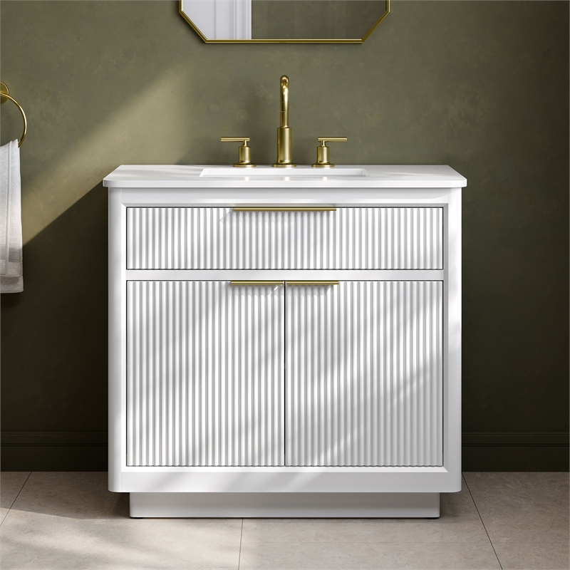OVE Xander 36 in. Pure White Bathroom Vanity with Brushed Gold Hardware