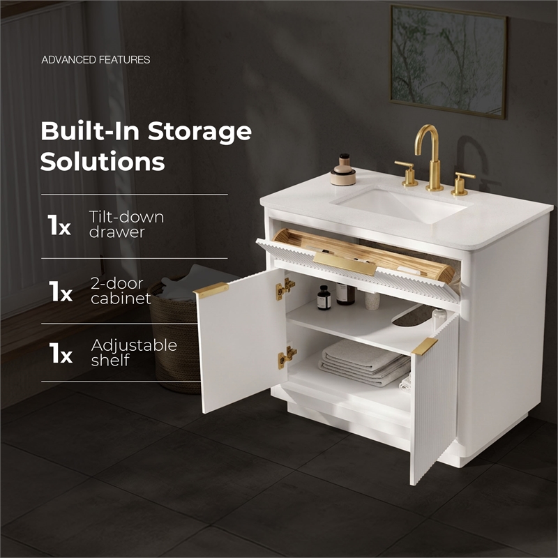 OVE Xander 36 in. Pure White Bathroom Vanity with Brushed Gold Hardware