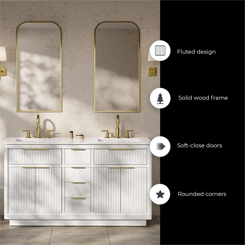 OVE Xander 60 in. Pure White Bathroom Vanity with Brushed Gold Hardware