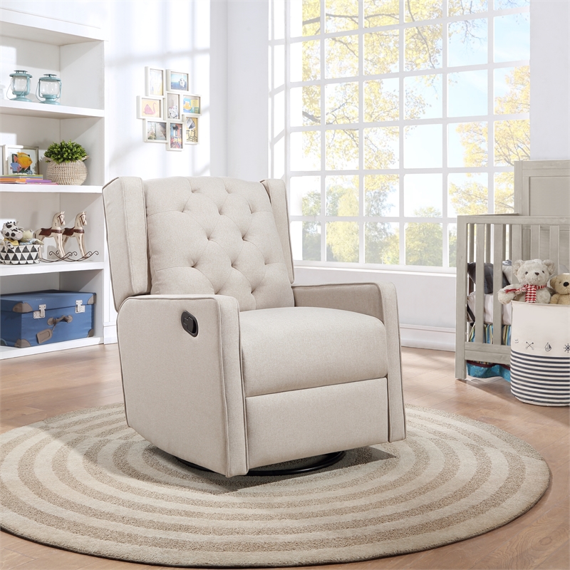 Suite Bebe Bryton Wood Fabric Tufted Gliding Swivel Recliner in Latte