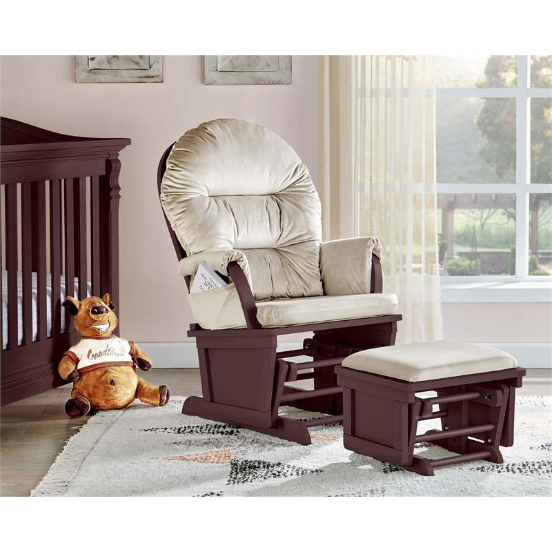 Suite Bebe Madison Glider and Ottoman Espresso Wood and Beige Fabric