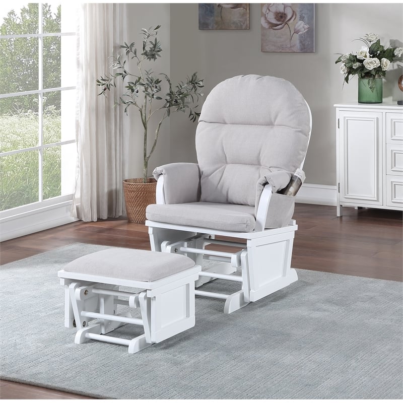 Suite Bebe Madison Glider and Ottoman White Wood and Woven Gray Fabric