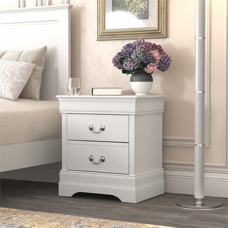 GALANO Louis Philippe 2-Drawer White Nightstand Sidetable Ultra