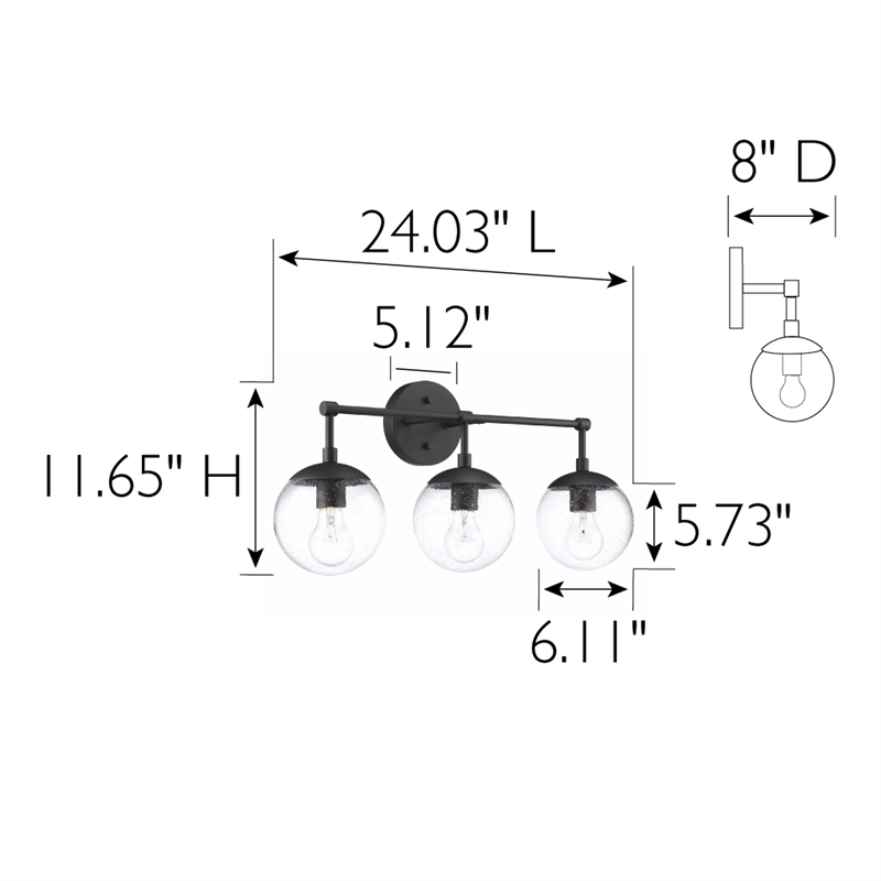 Gracelyn Vanity Light with Clear Seedy Glass in Matte Black 3-Light