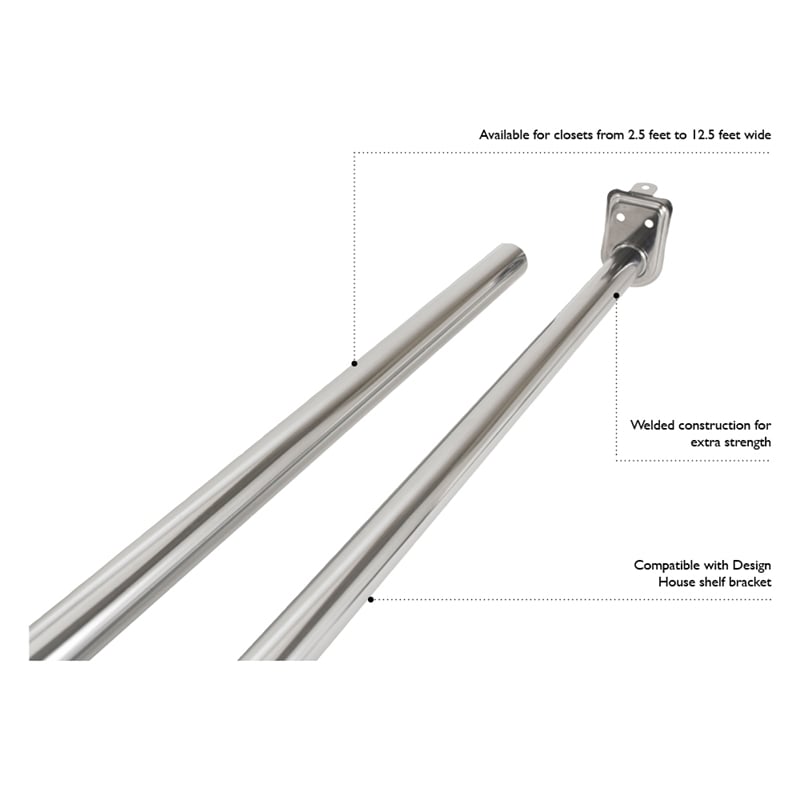 Adjustable Stainless Steel Closet Rod in Polished Chrome/Silver 72-120 Inches