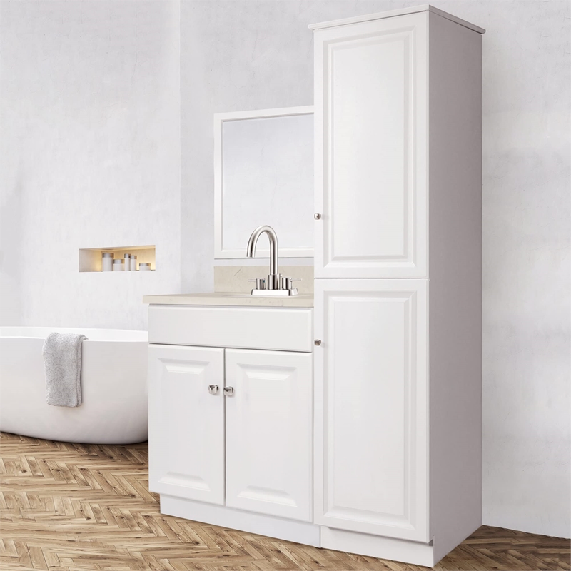 Wyndham 19 Inch 2-Door Bathroom Wood Linen Storage Floor Cabinet in White