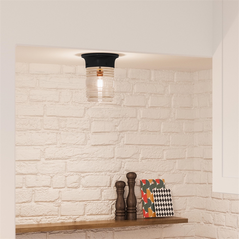 Jelly Jar Indoor/Outdoor Flush Mount Glass Ceiling Light in Black