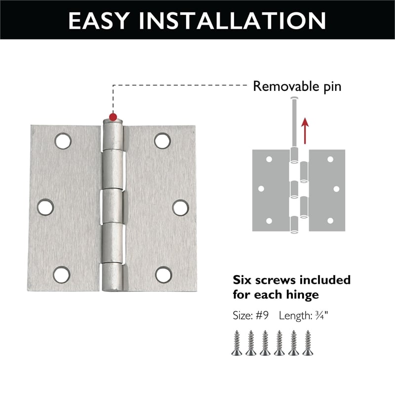 Square Corner Stainless Steel Door Hinge in Satin Nickel  3.5 Inch  10 Pack