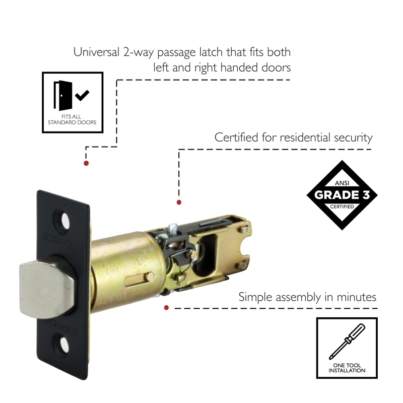 2 Way Passage Metal Door Latch with Round Corner in Matte Black