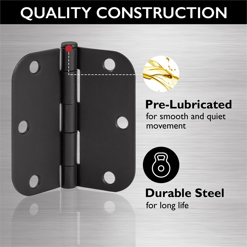 Stainless Steel Door Hinge in Matte Black 3 1/2 Inch 5/8 Inch Radius 12 Pack