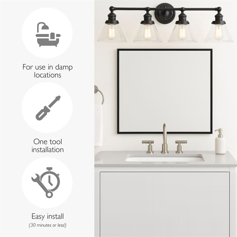 Design House Augustin 4-Light Glass Vanity Light in Matte Black