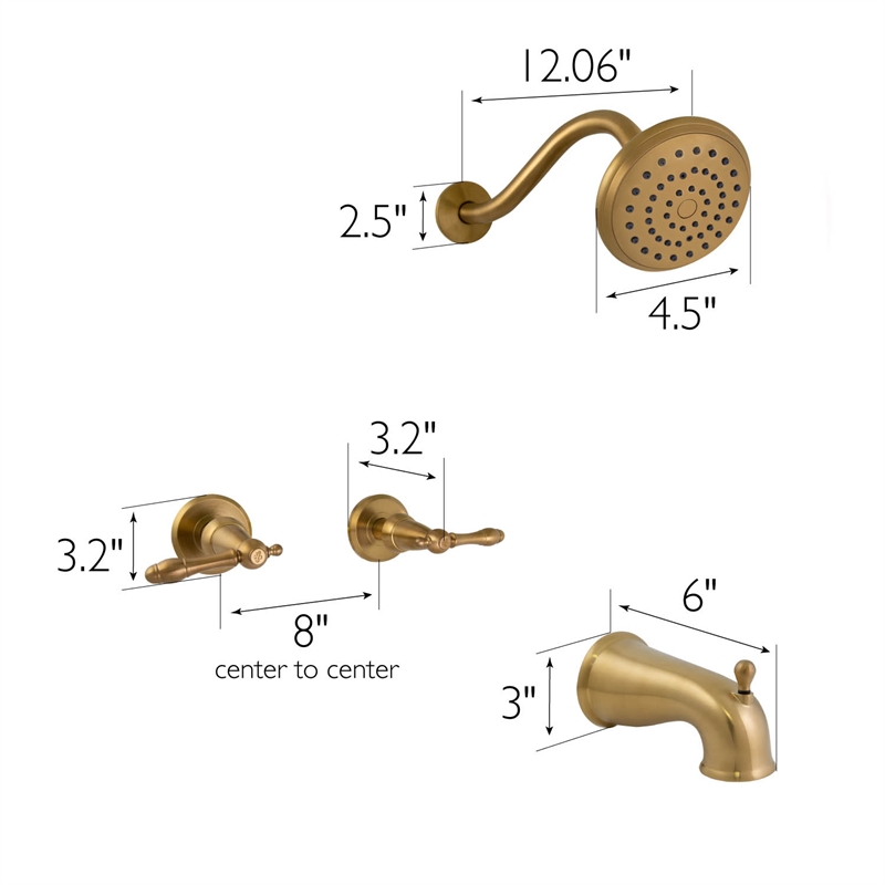 Design House Oakmont 2 Handle Bath Brass Shower Trim with Valve in Brushed Gold