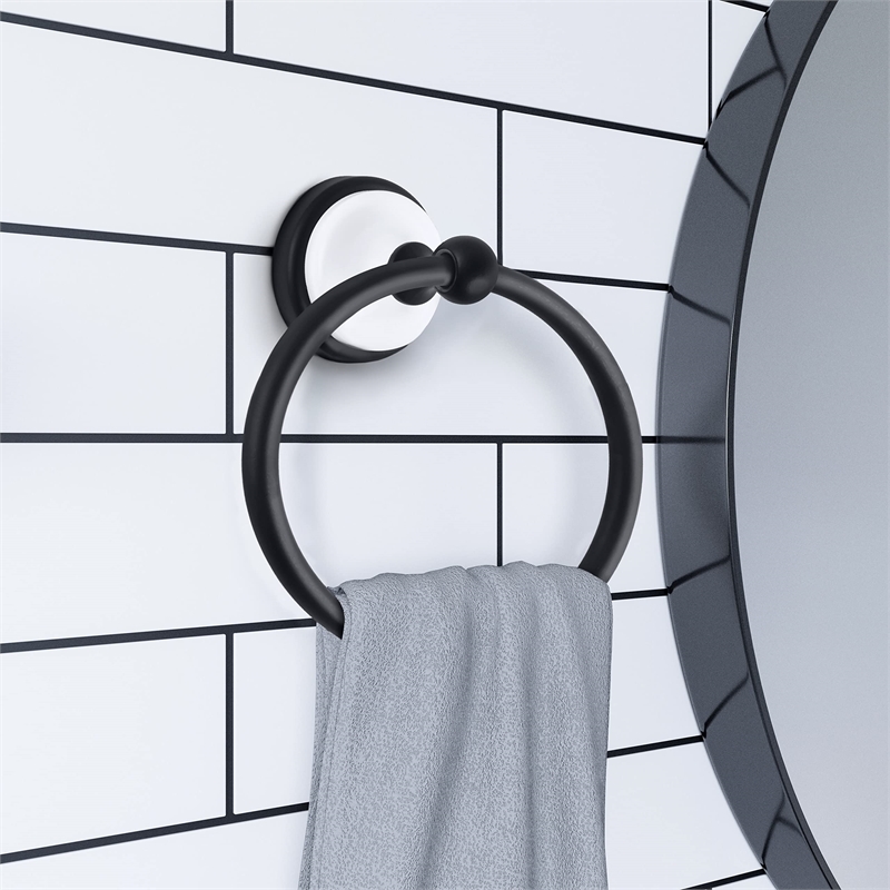 Design House Savannah Stainless Steel Towel Ring in Matte Black/White