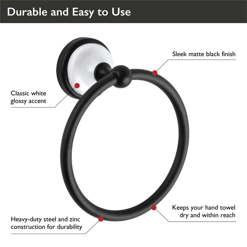 Design House Savannah Stainless Steel Towel Ring in Matte Black/White