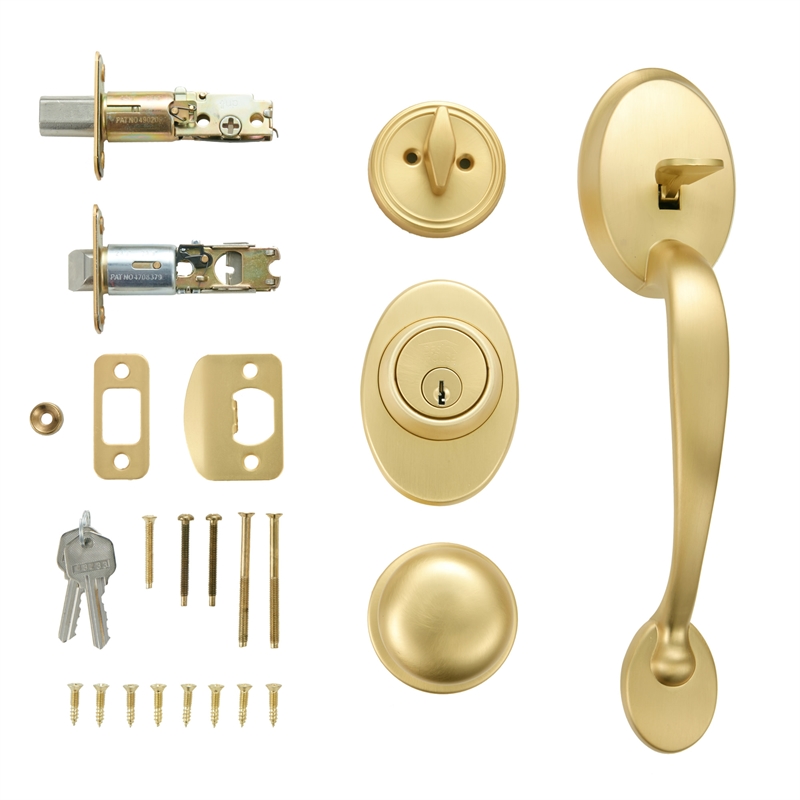 Design House Coventry Brass Door Handle set with Lever & Deadbolt in Satin Gold