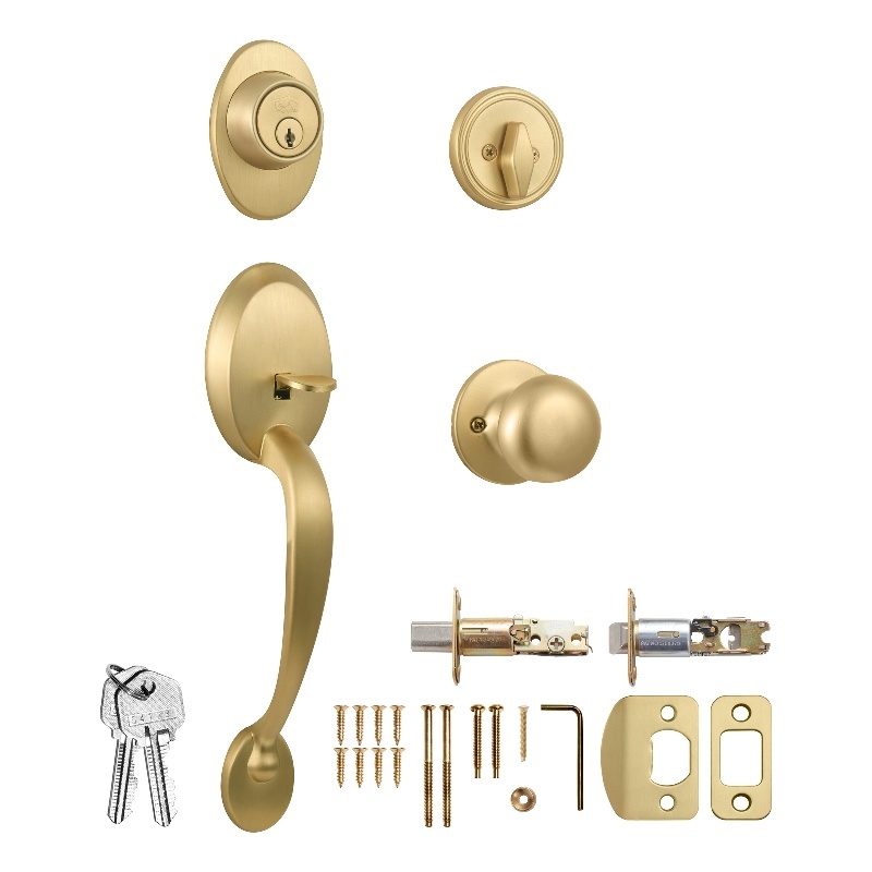 Design House Coventry Brass Door Handle set with Lever & Deadbolt in Satin Gold