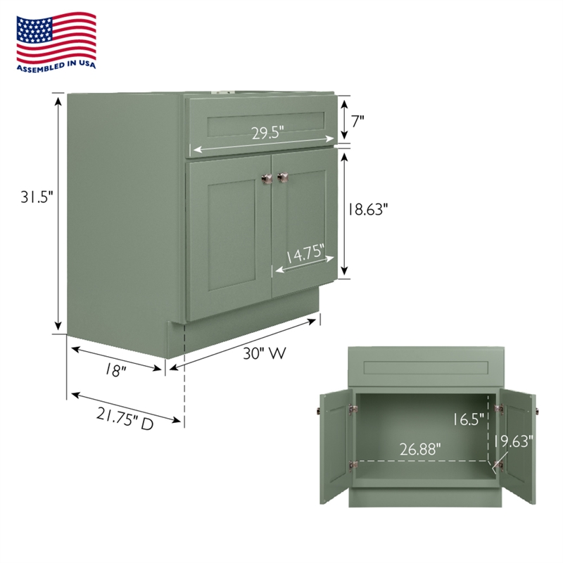 Brookings Vanity Without Top in Evergreen Fog Fully Assembled 30