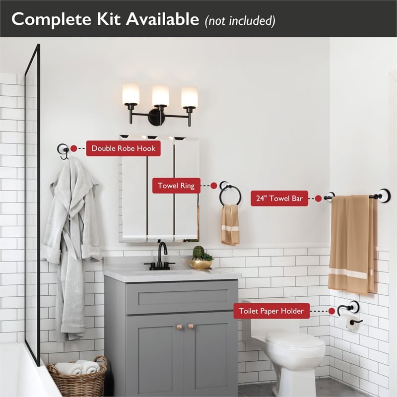 Design House Savannah Steel Towel Bar for Bathroom Matte Black and White 24-Inch
