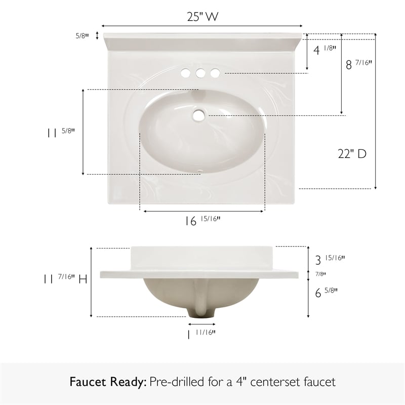 Cultured Marble Single Bowl Vanity Top Solid Ivory Swirl 25 in.
