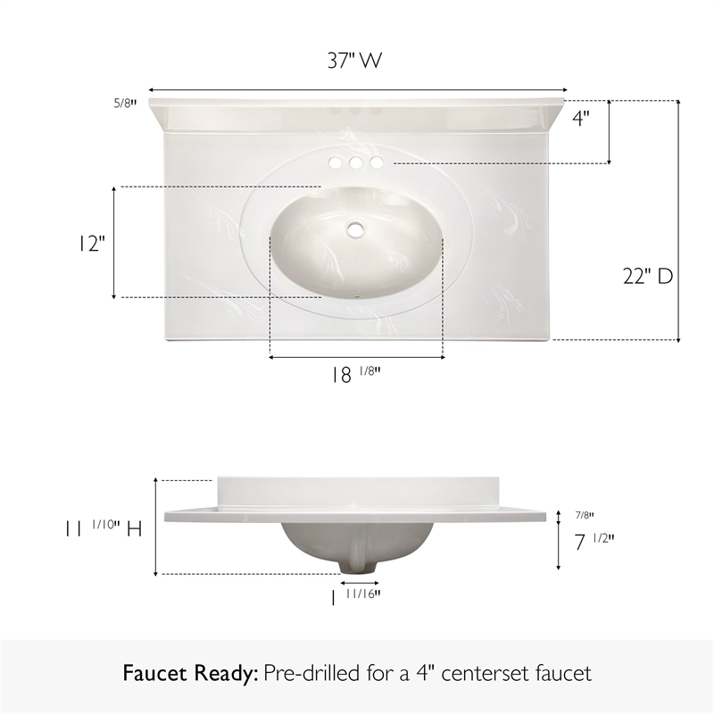 Cultured Marble White on White Vanity Top 37 Inch x 22 Inch