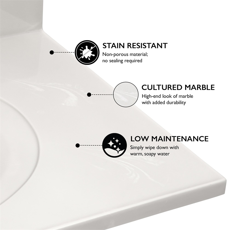 Cultured Marble White on White Vanity Top 37 Inch x 22 Inch