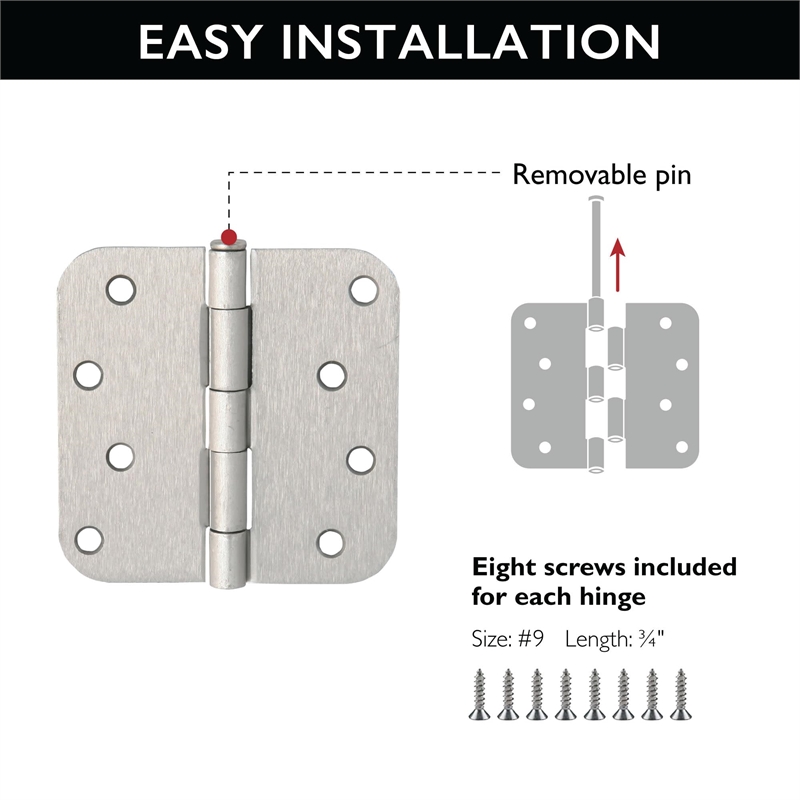 Design House Steel Door Hinge in Satin Nickel 4Inch 5/8inch Radius Corner 6-Pack
