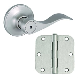 springdale 2-way brass privacy door lever and 3-pack hinges in satin nickel