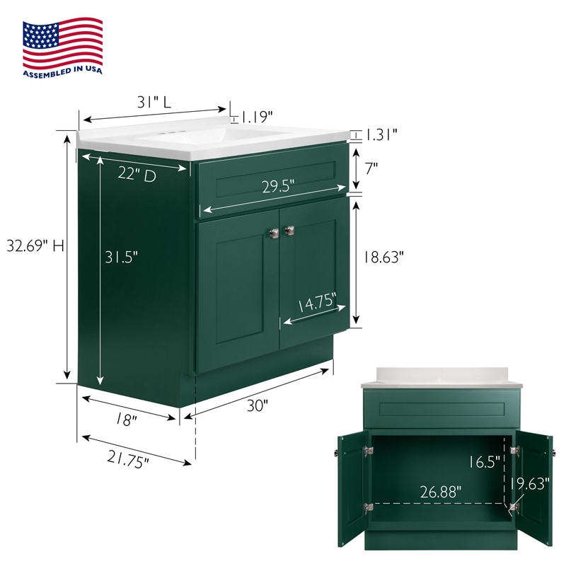 Brookings Bath Vanity Assembled 31x22 - Hunt Club Base and Camilla II Top