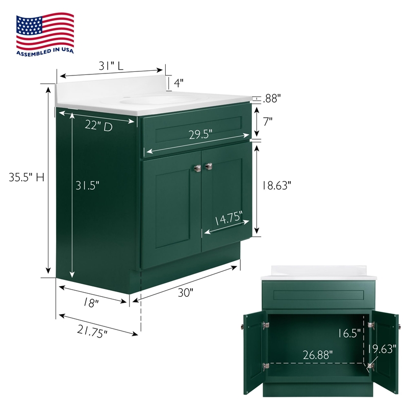 Brookings Bath Vanity Assembled 31x22 - Hunt Club Base and Single Hole Top